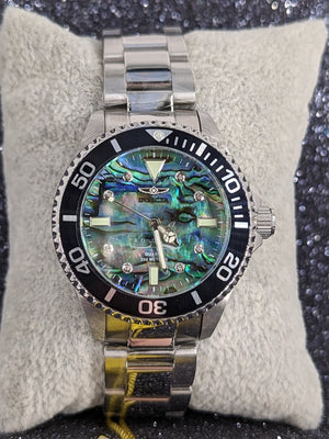 Invicta pro diver watch silver band w abalone face and dia