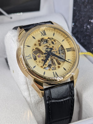 Invicta men's automatic watch gold case black leather strap